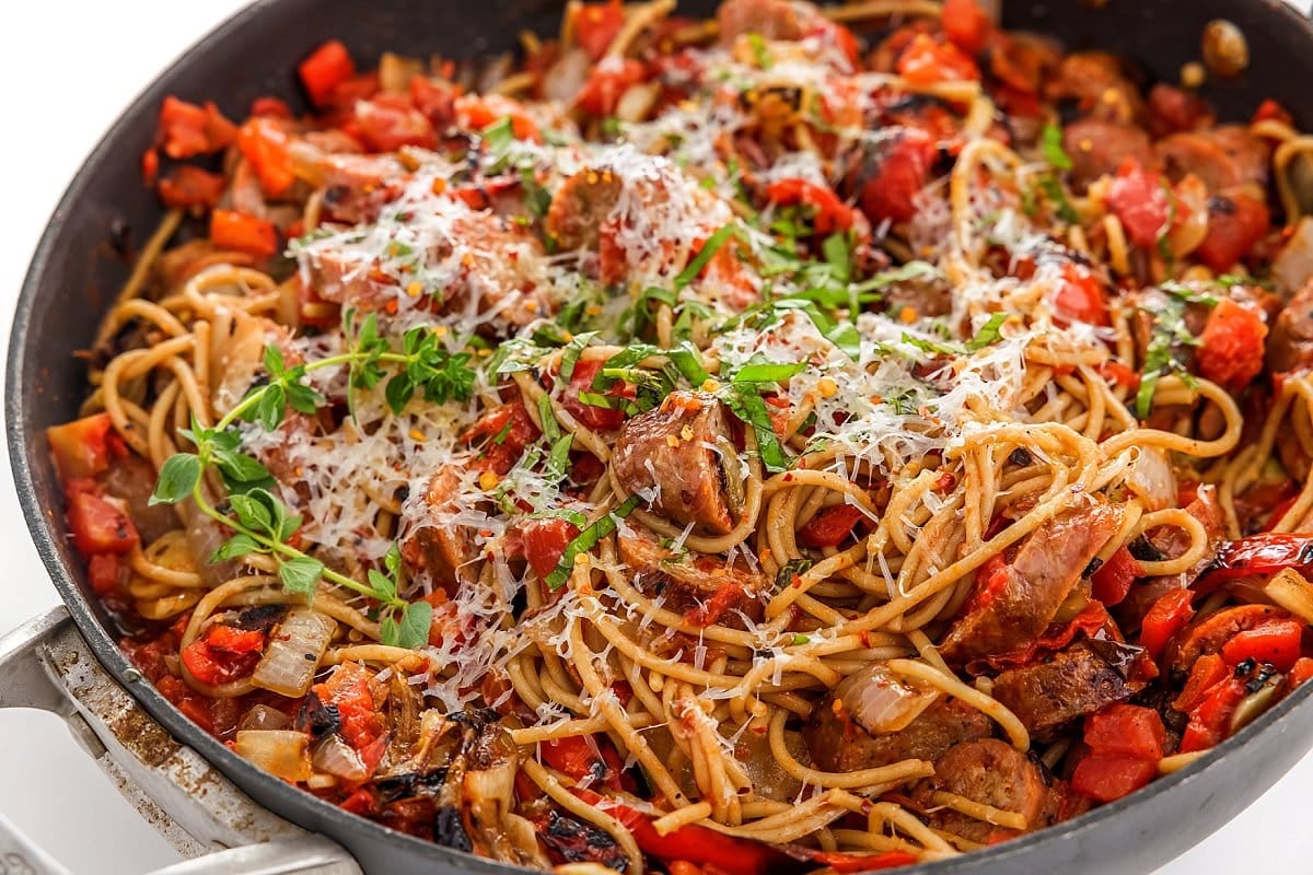 Grilled Sausage, Peppers and Onions Pasta