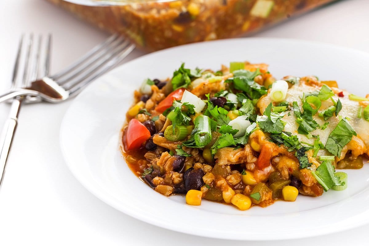 plate of chicken enchilada farro bake