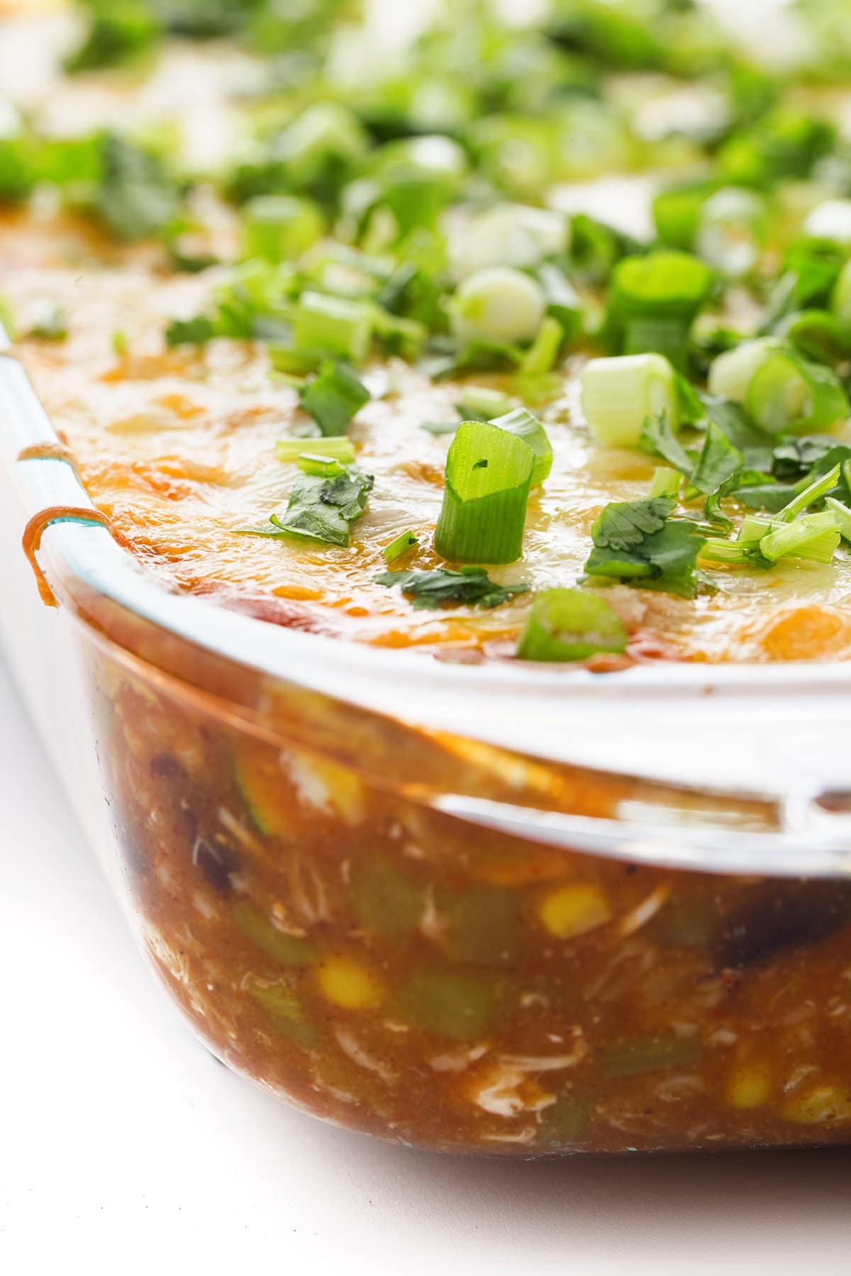 pan of chicken enchilada farro bake