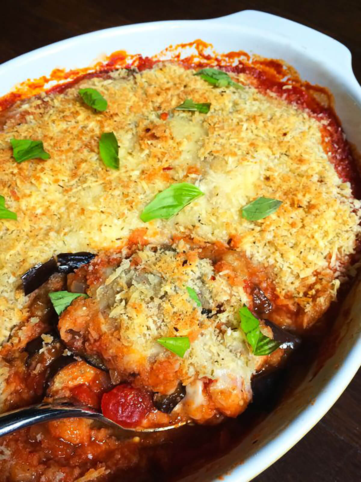 Healthy eggplant parm in a dish