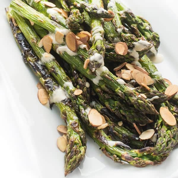 Grilled Asparagus with Creamy Lemon Tahini Dressing - a fast side dish recipe