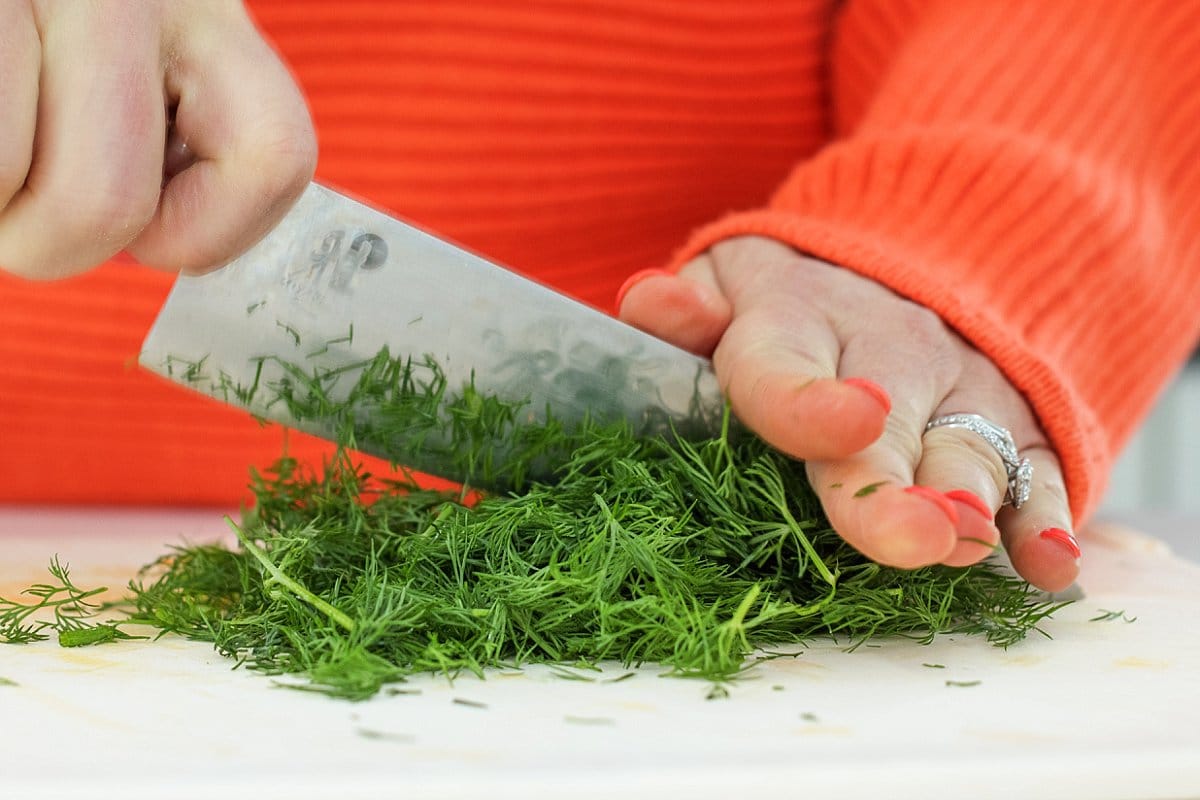 Liz cutting fresh dill.