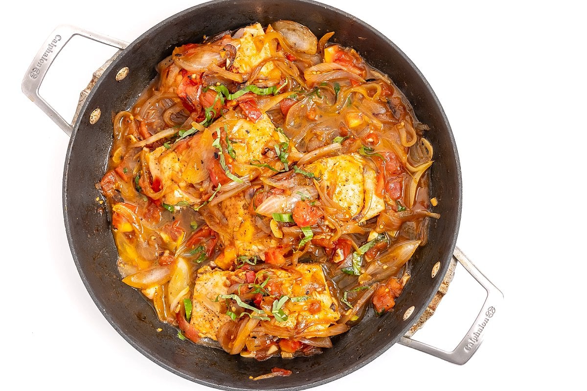 Sautéed Salmon with White Wine, Tomatoes, and Onions.