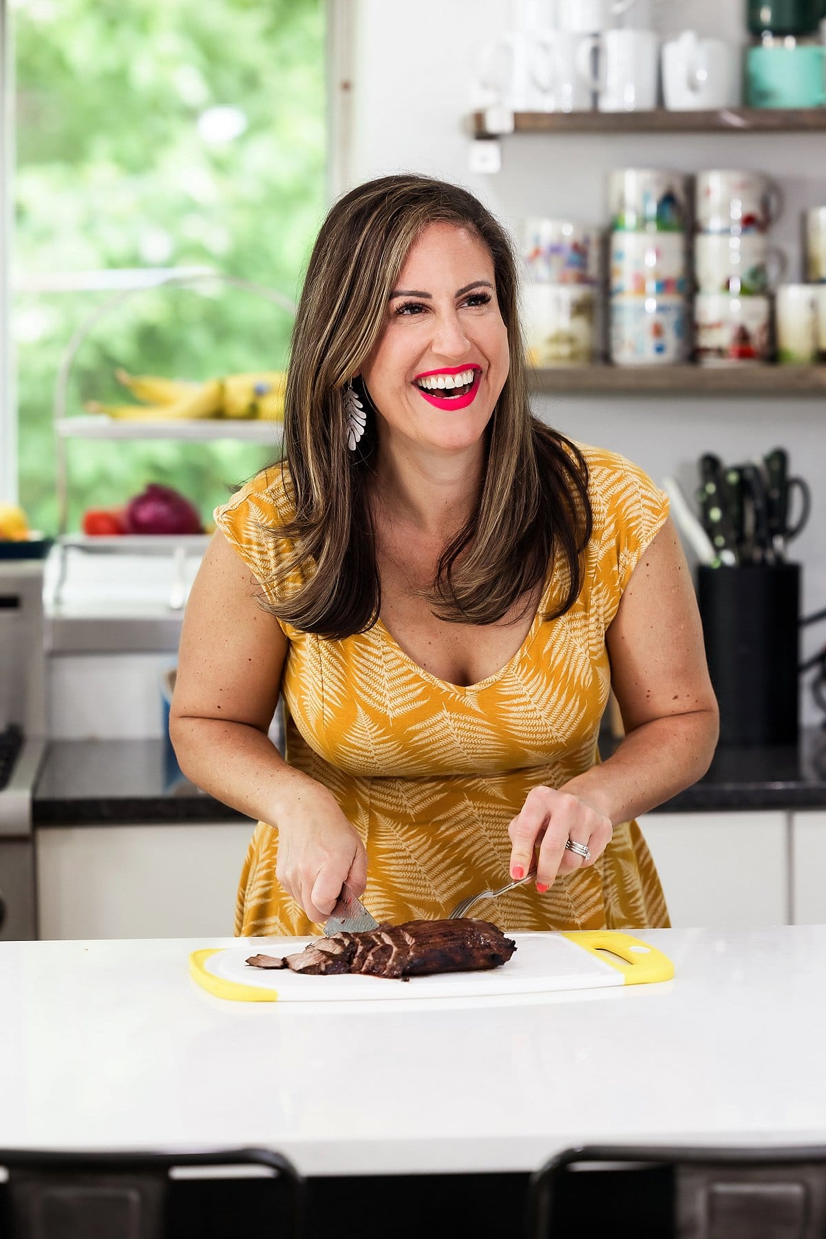Liz with garlic soy marinated flank steak