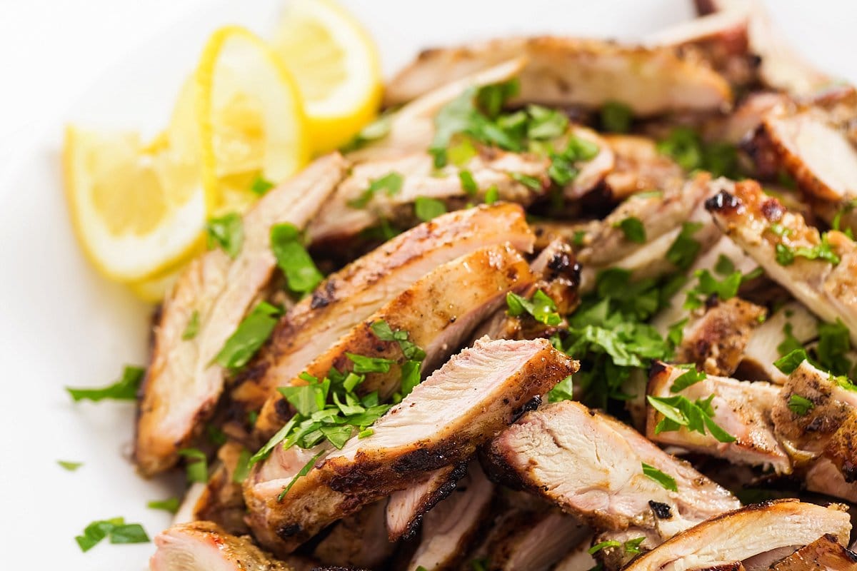 close up of grilled chicken shawarma