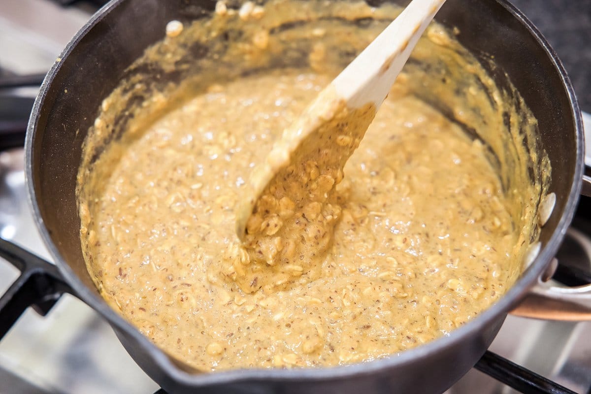 Stirring pumpkin banana oatmeal.