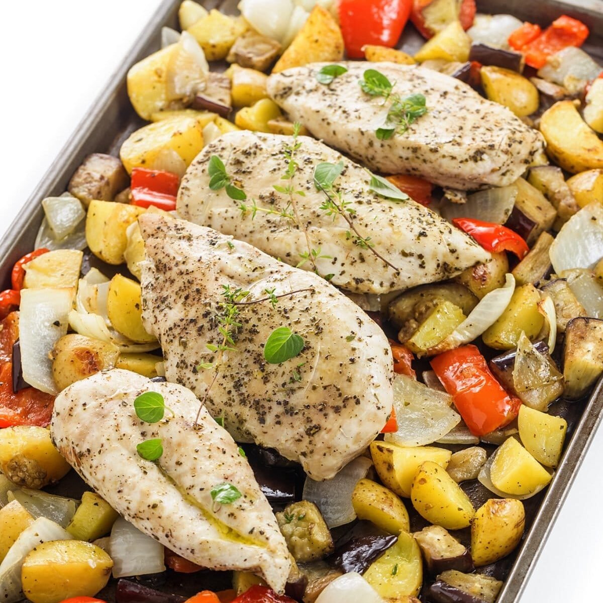 Sheet pan Greek chicken and vegetables