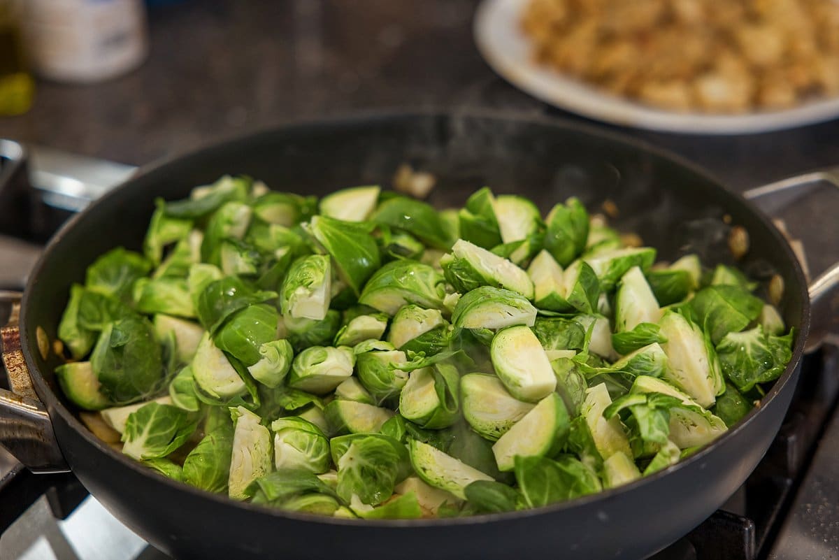 A pan filled with Brussels sprout