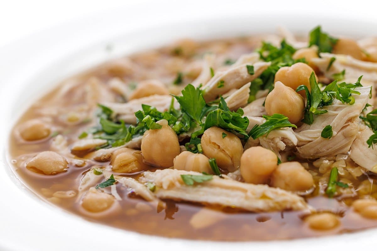 Chicken and chickpea soup with bulgur wheat.