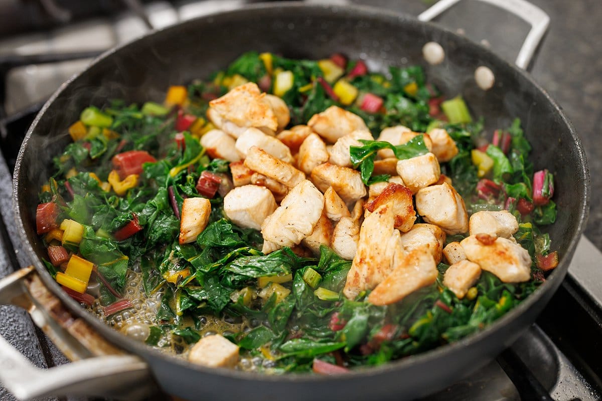 Cooked chicken added to pan with cooked chard.