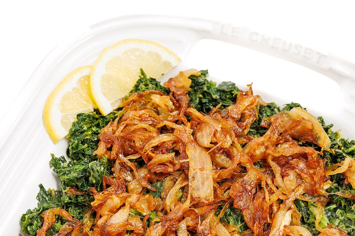 Garlicky greens with caramelized onions.