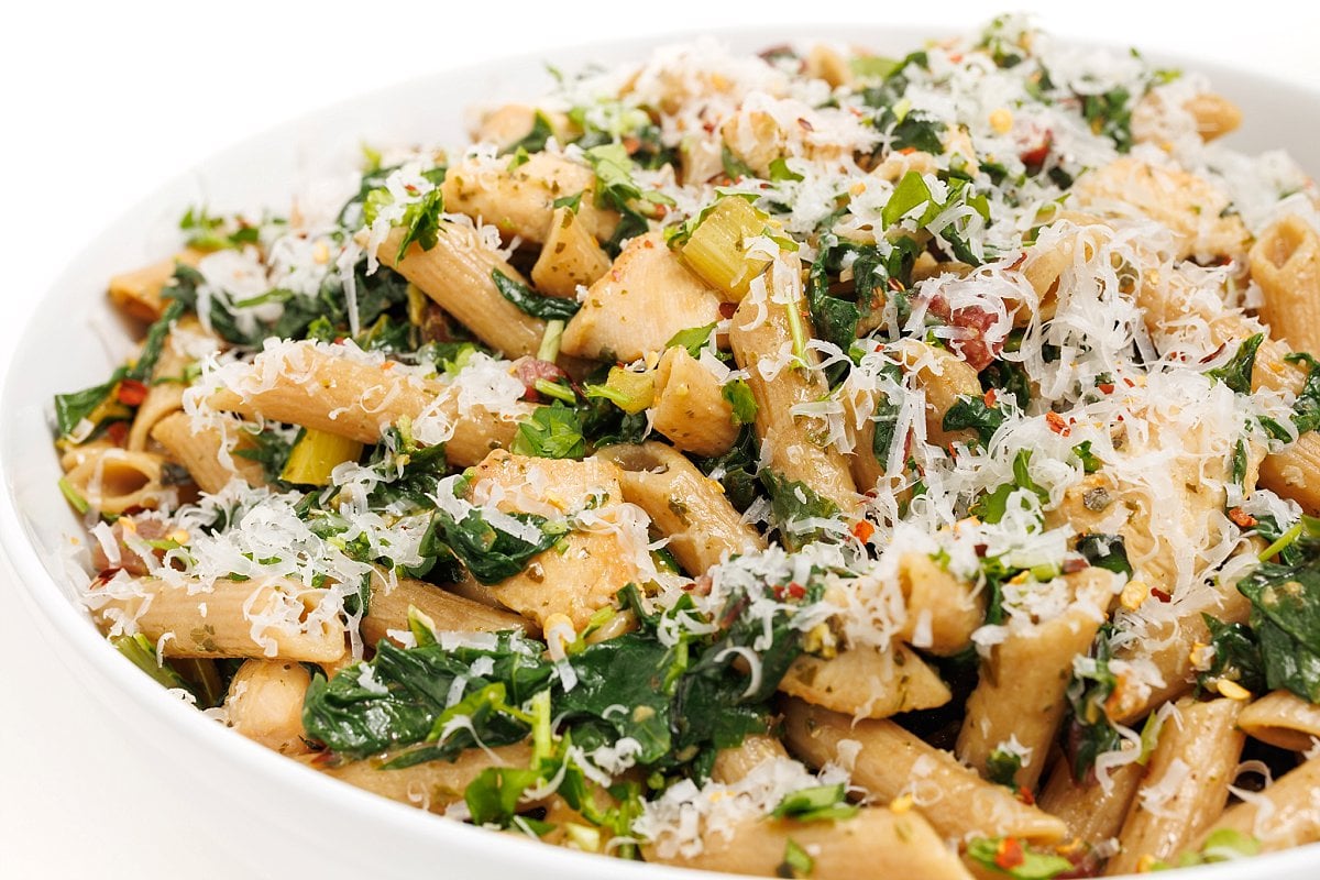 Pesto chicken pasta with Swiss chard.
