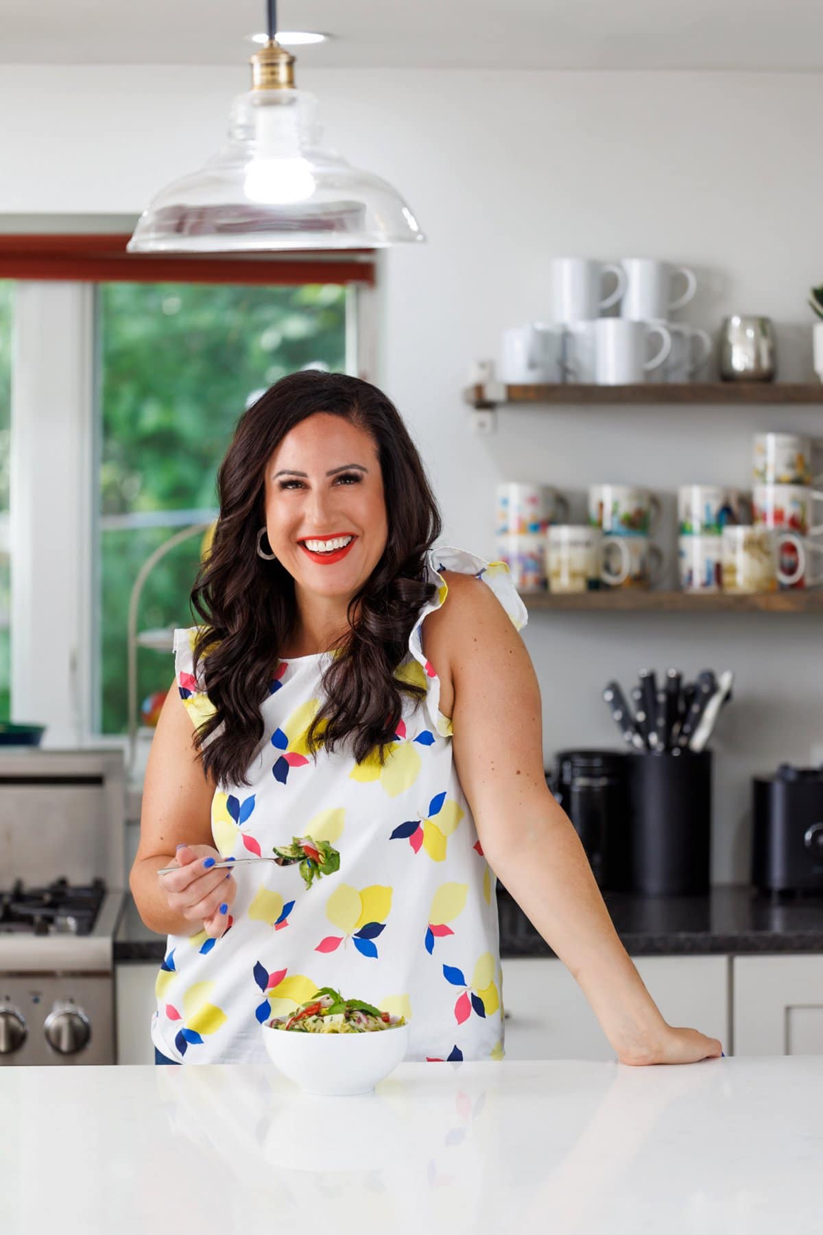 Liz eating a spicy Lebanese salad.
