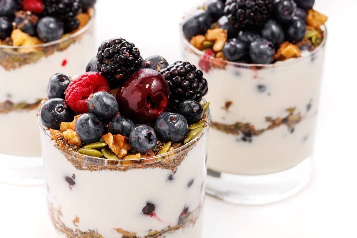 Make ahead fruit and yogurt parfaits in 3 glasses.