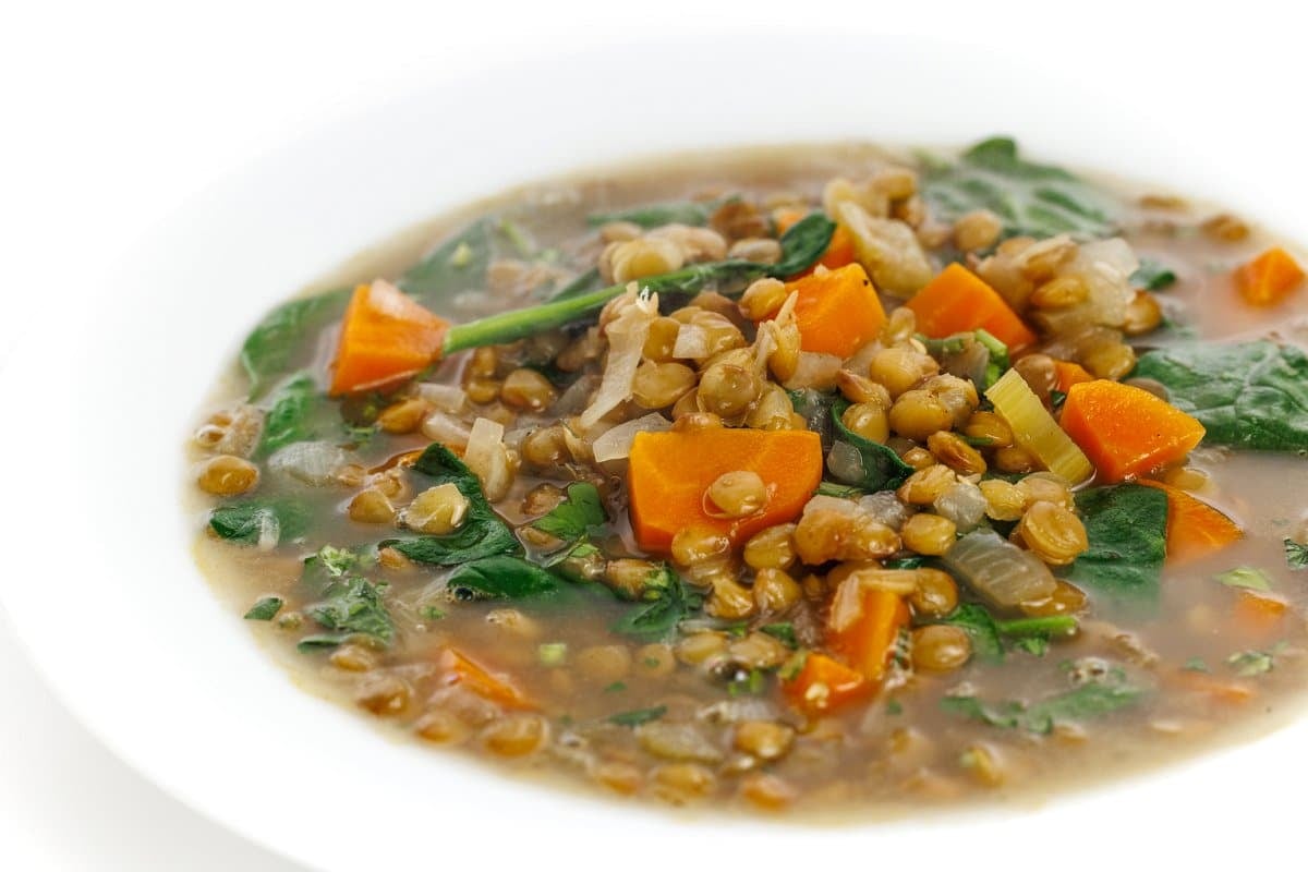 Lemony lentil soup with spinach.