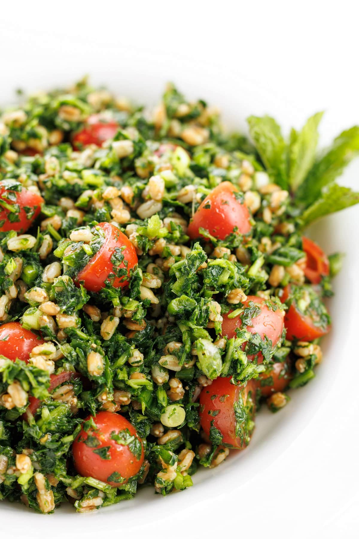 Spelt tabbouleh with jalapeño vinaigrette.