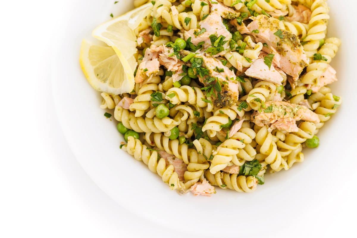 Pesto pasta with salmon and peas.