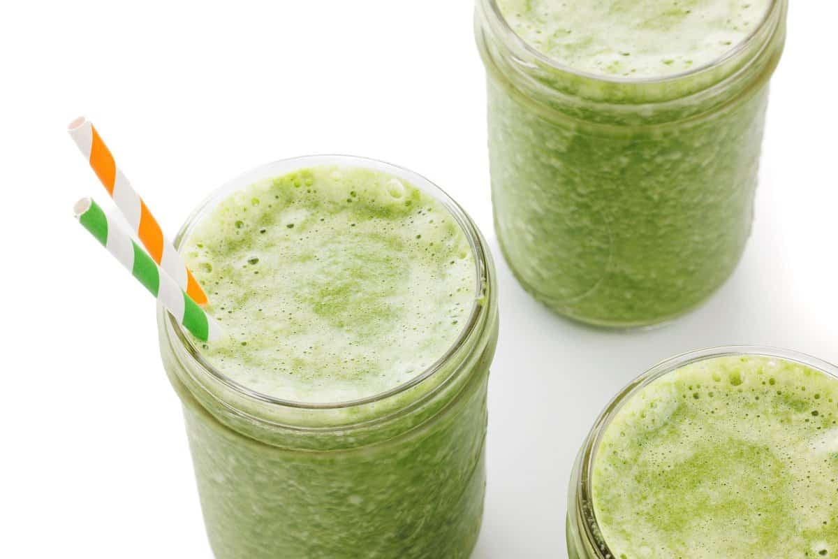 Top view of apple ginger green smoothie.