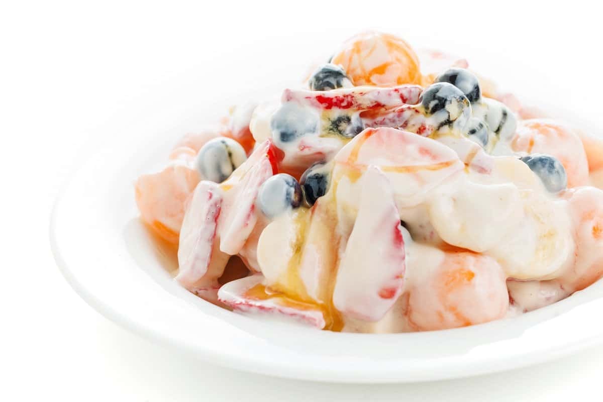 Fruit salad with honey yogurt dressing.