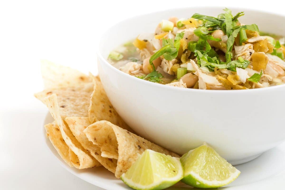 Slow cooker white chicken chili and tortilla chips.