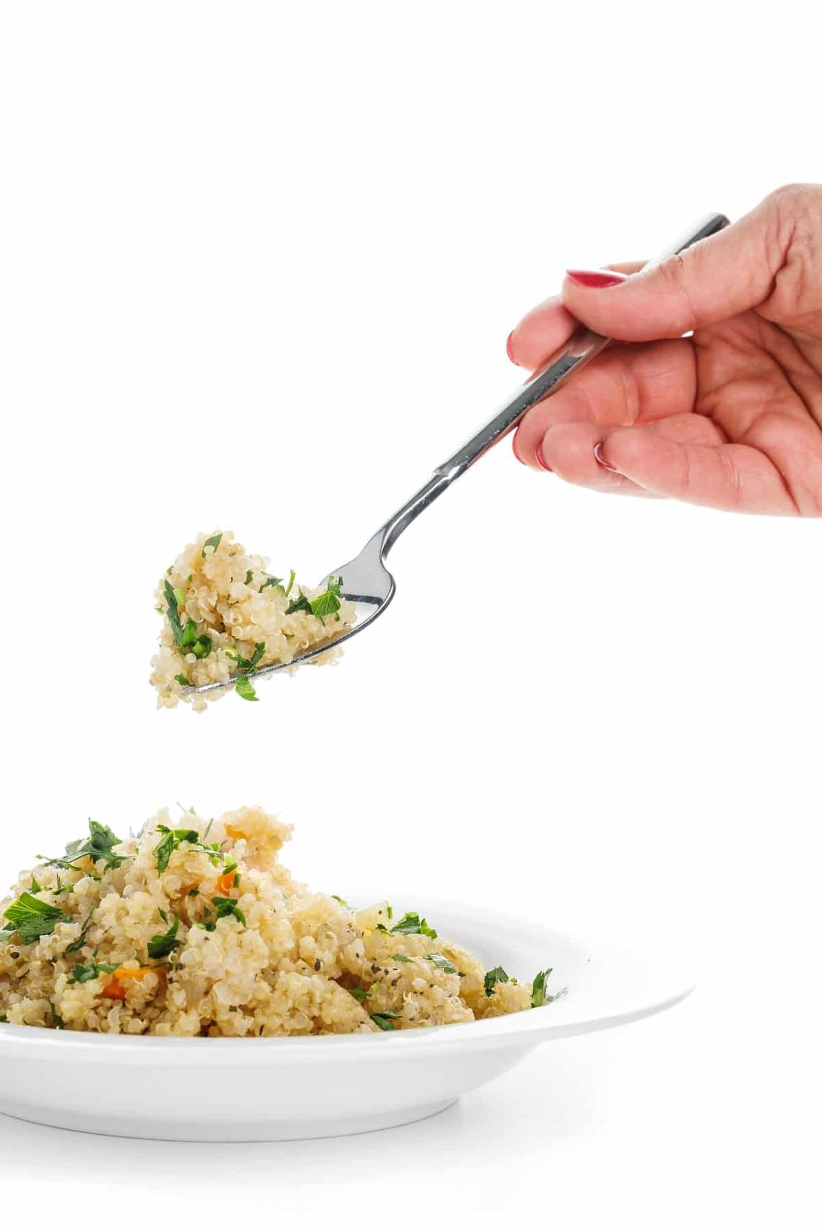 Forkful of quinoa pilaf with mirepoix.