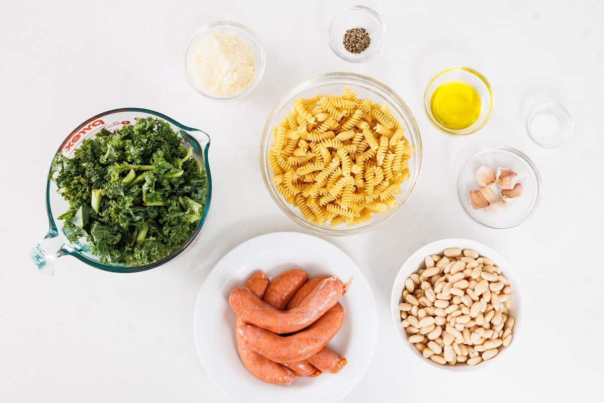 Ingredients for sausage and kale pasta.