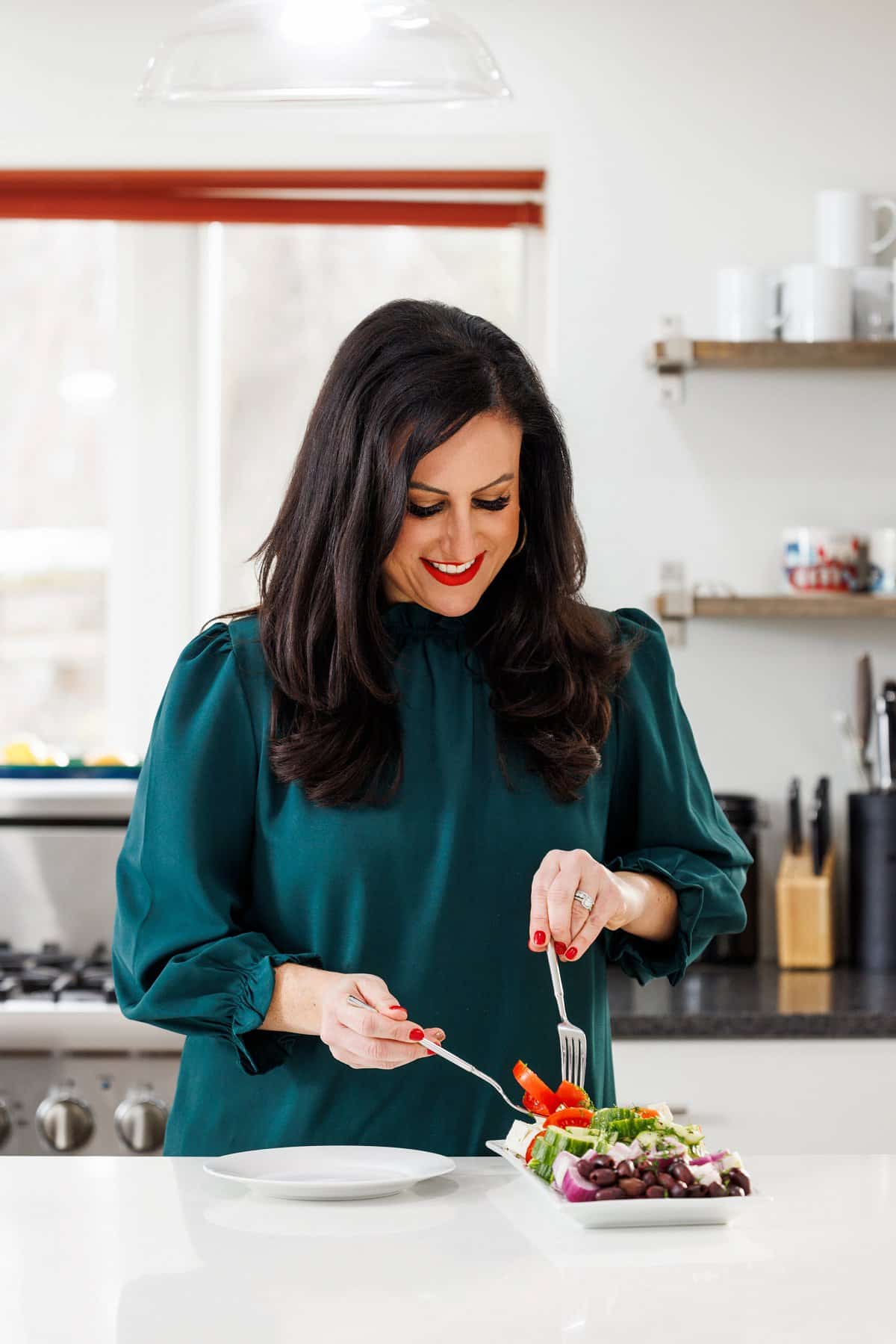 Liz eating Greek village salad.