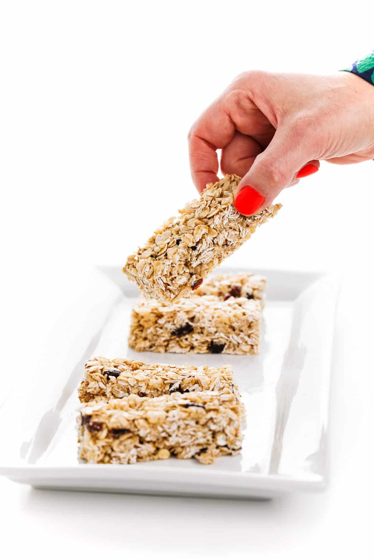Picking up chewy oatmeal raisin granola bars.