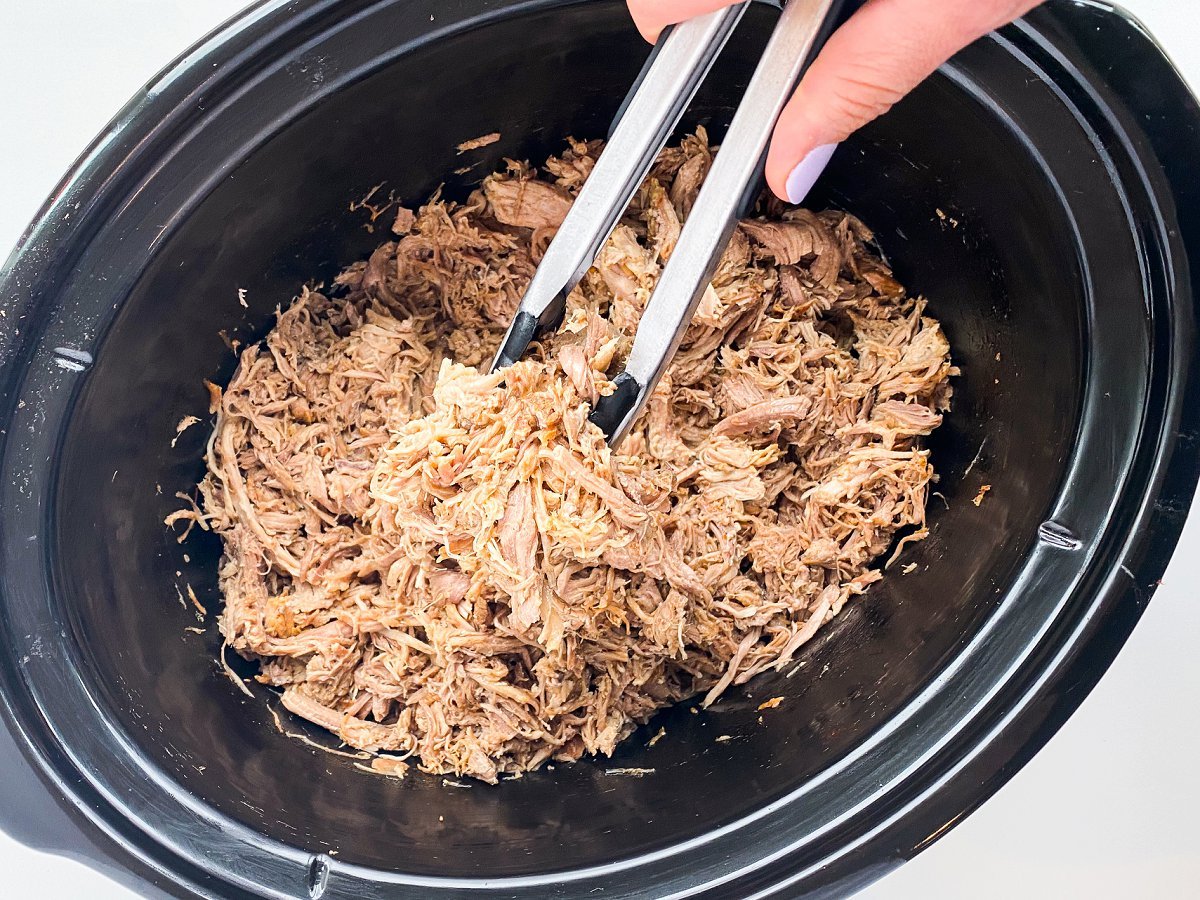 Shredded slow cooker teriyaki pulled pork.