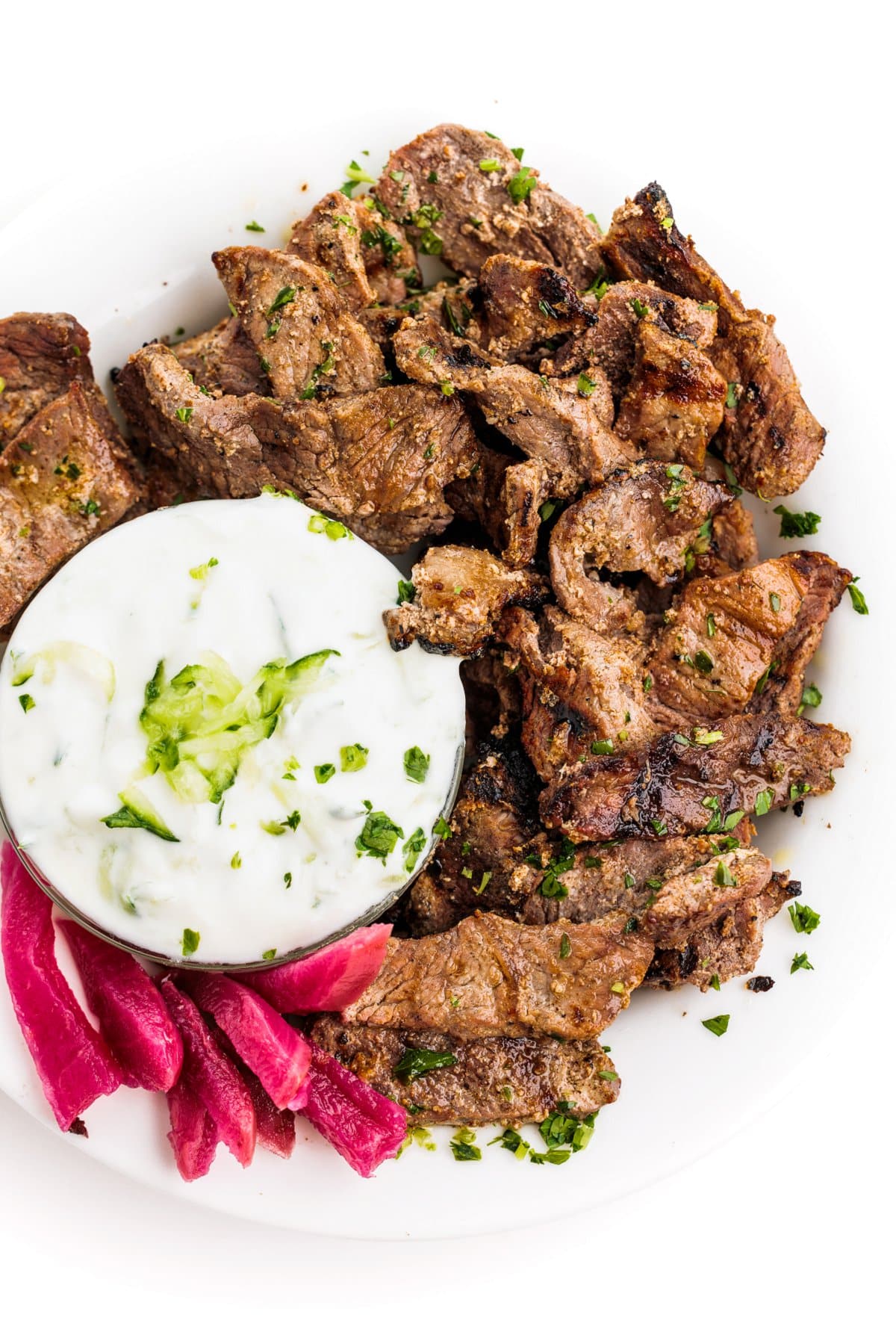 Beef Shawarma with Cucumber Yogurt Sauce