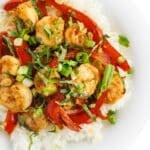 a plate of food with shrimp and vegetables