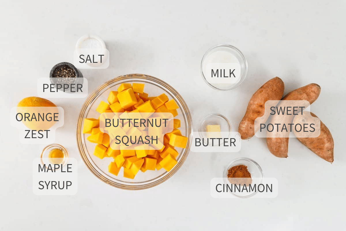 Ingredients for mashed butternut squash and sweet potatoes against a white background, labeled.