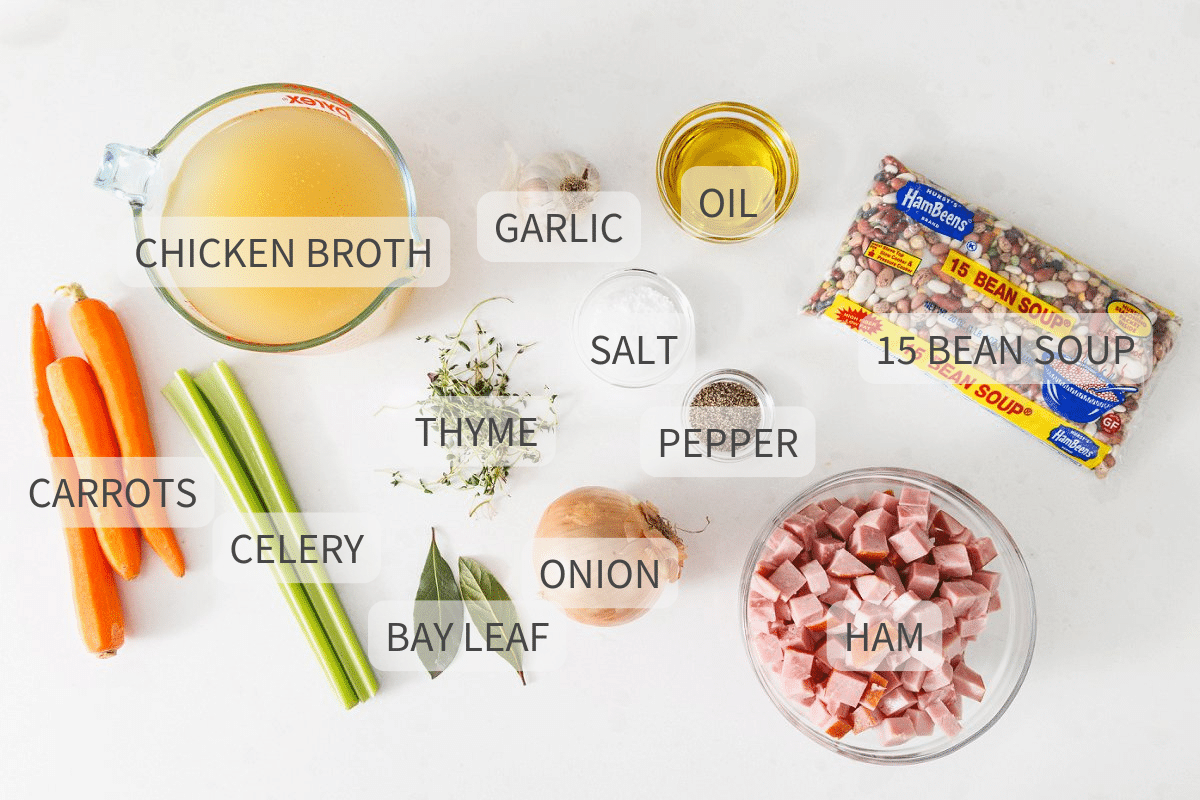 Labeled ingredients for 15 bean soup with ham
