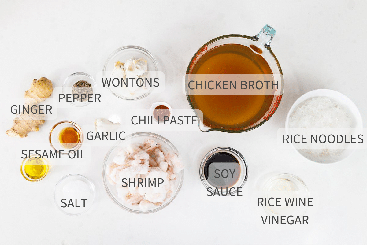 Labeled ingredients for Asian noodle soup with shrimp and wontons.