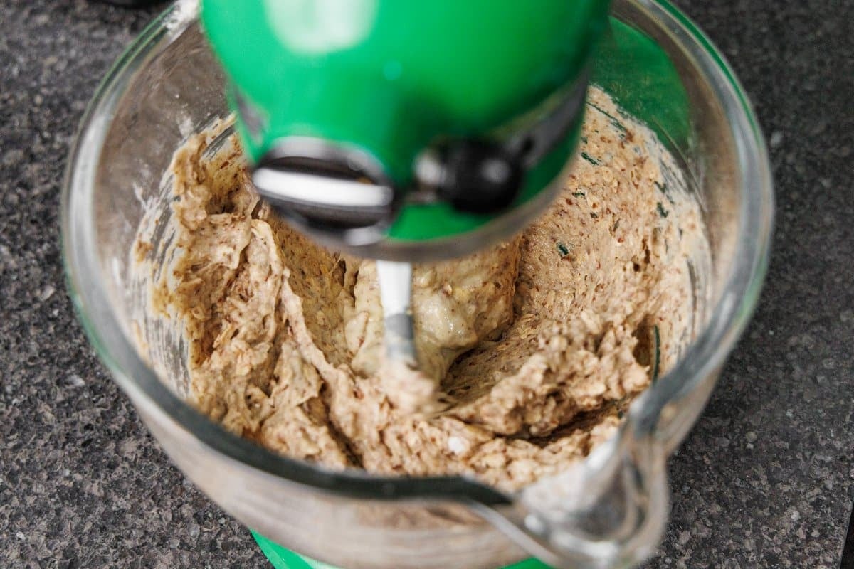 Mixing bread batter with a stand mixer.