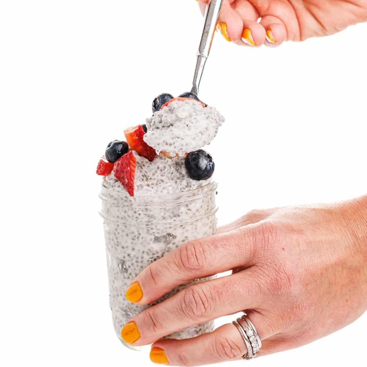 Spoonful of chia seed pudding.