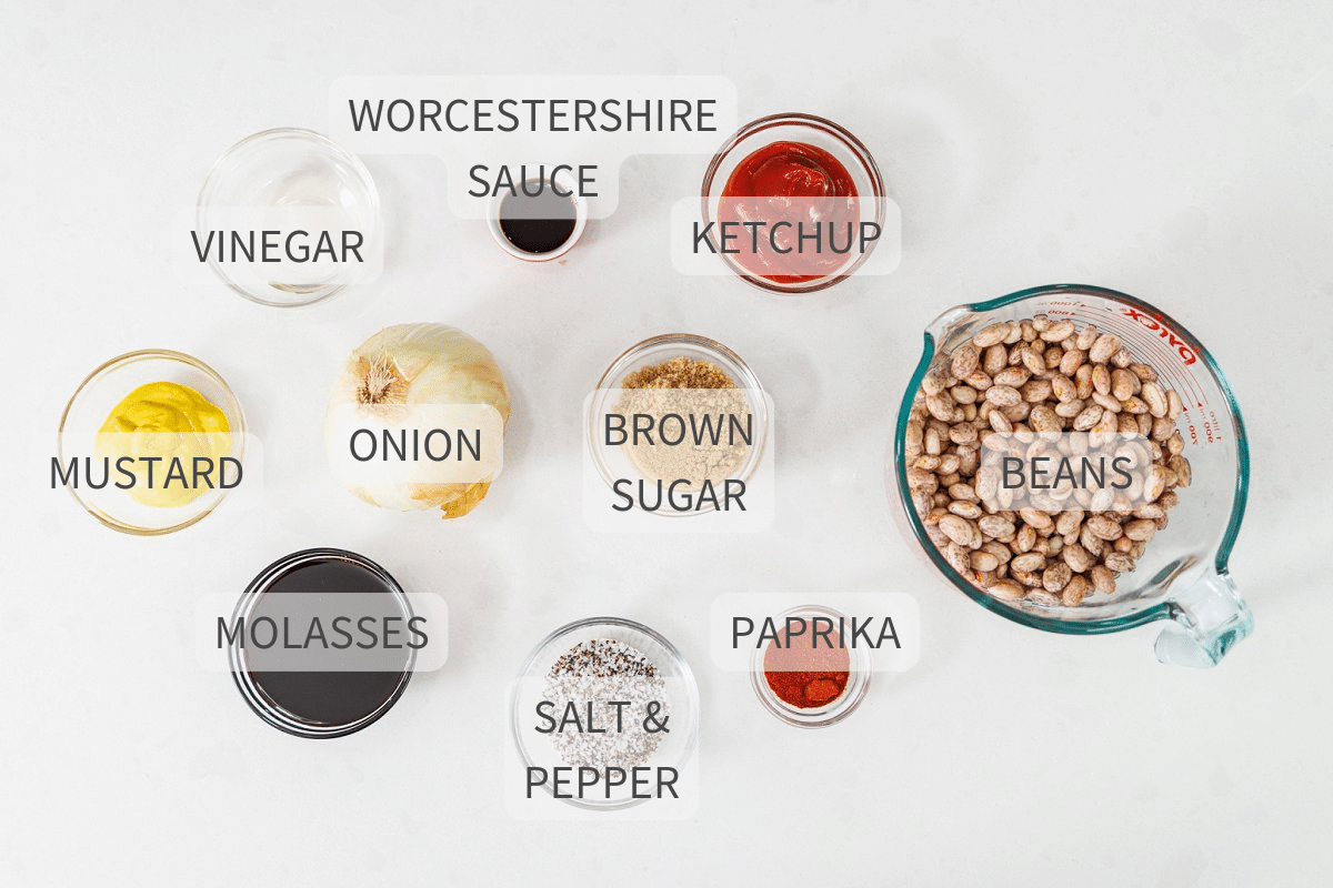 Labeled ingredients for Boston baked beans.