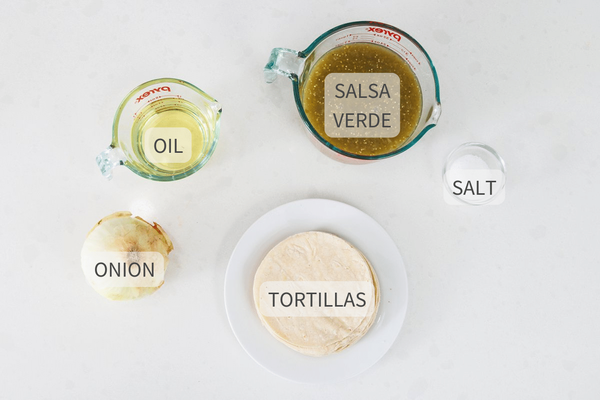 Labeled ingredients for chilaquiles verdes.