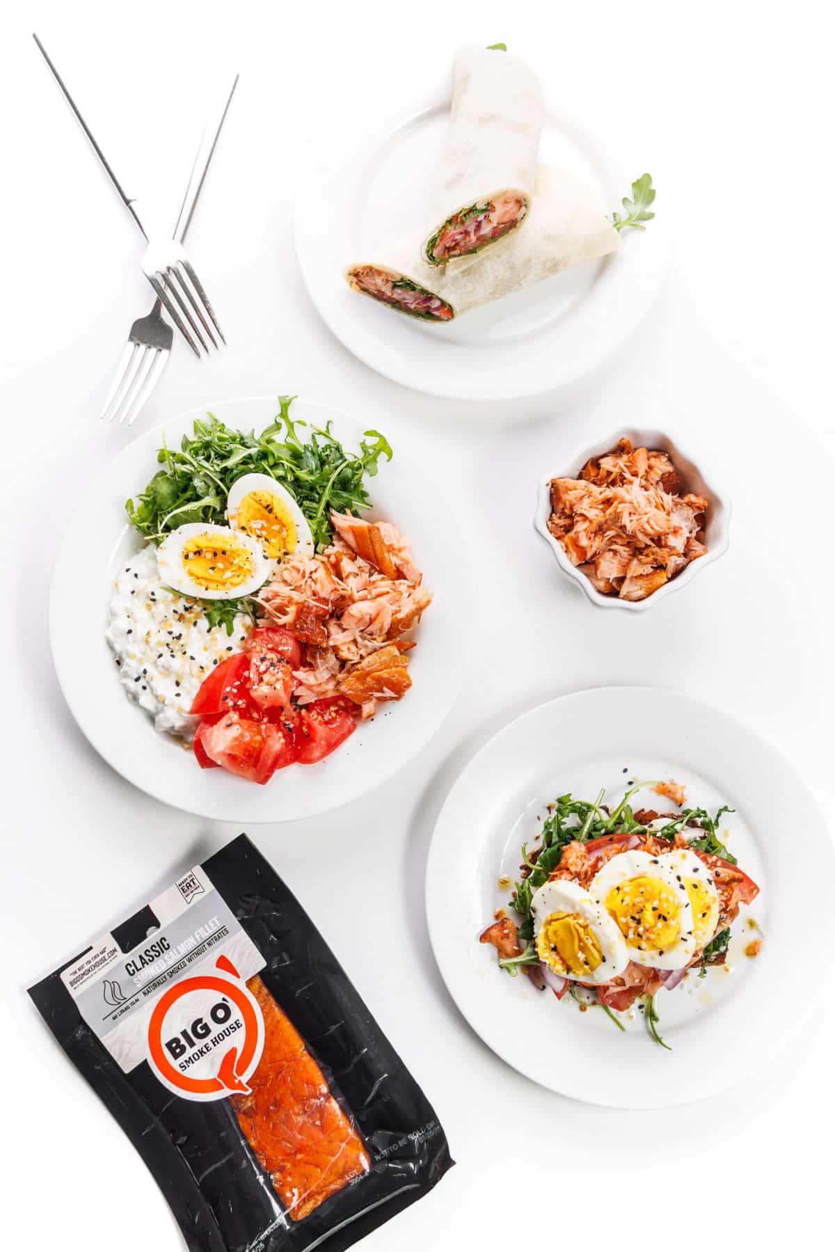 High protein meals with smoked salmon on white plates, with Big O' Smokehouse classic smoked salmon.