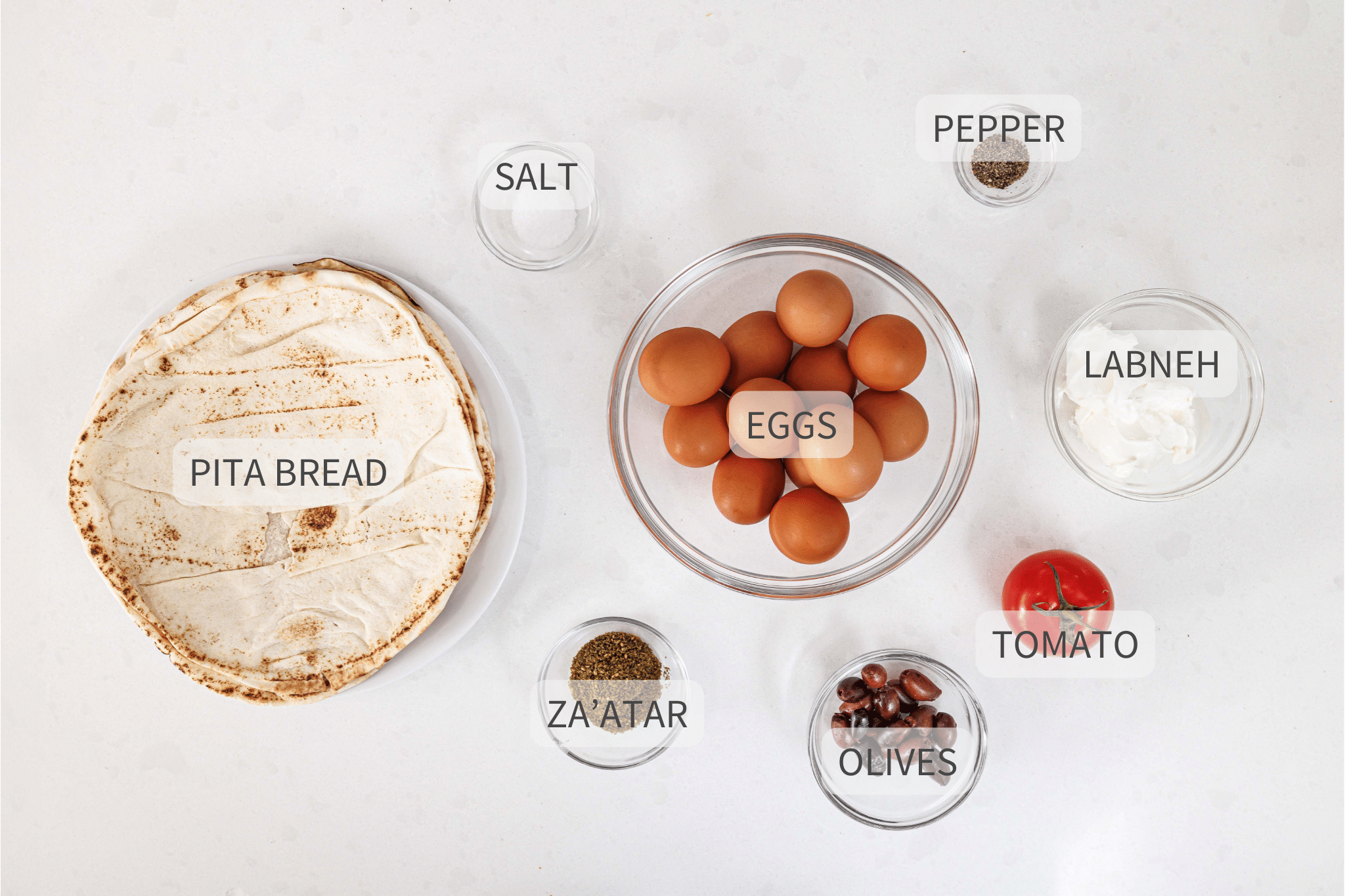 Labeled ingredients for Lebanese breakfast pita with labneh.
