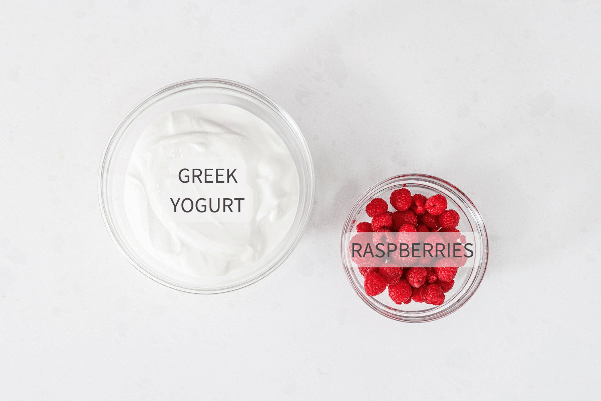Labeled ingredients for raspberry greek yogurt popsicles.
