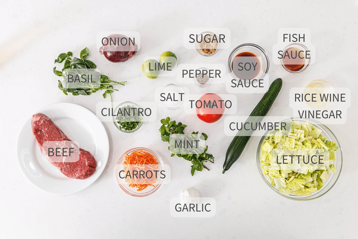 Labeled ingredients for Vietnamese beef salad.