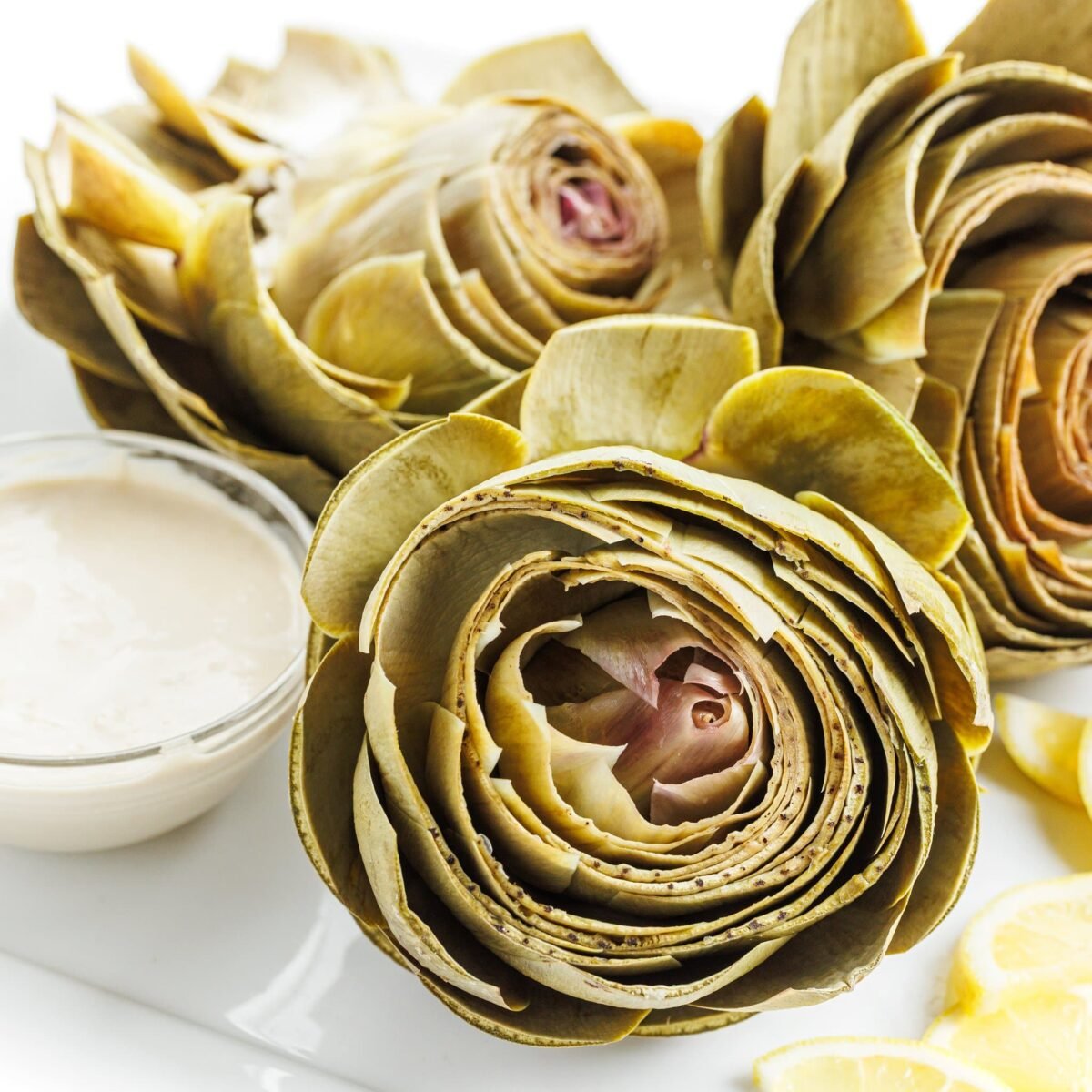 Steamed Artichokes with Tahini Dipping Sauce