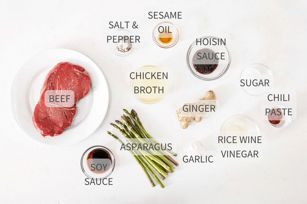 Labeled ingredients for ginger beef and asparagus stir-fry.