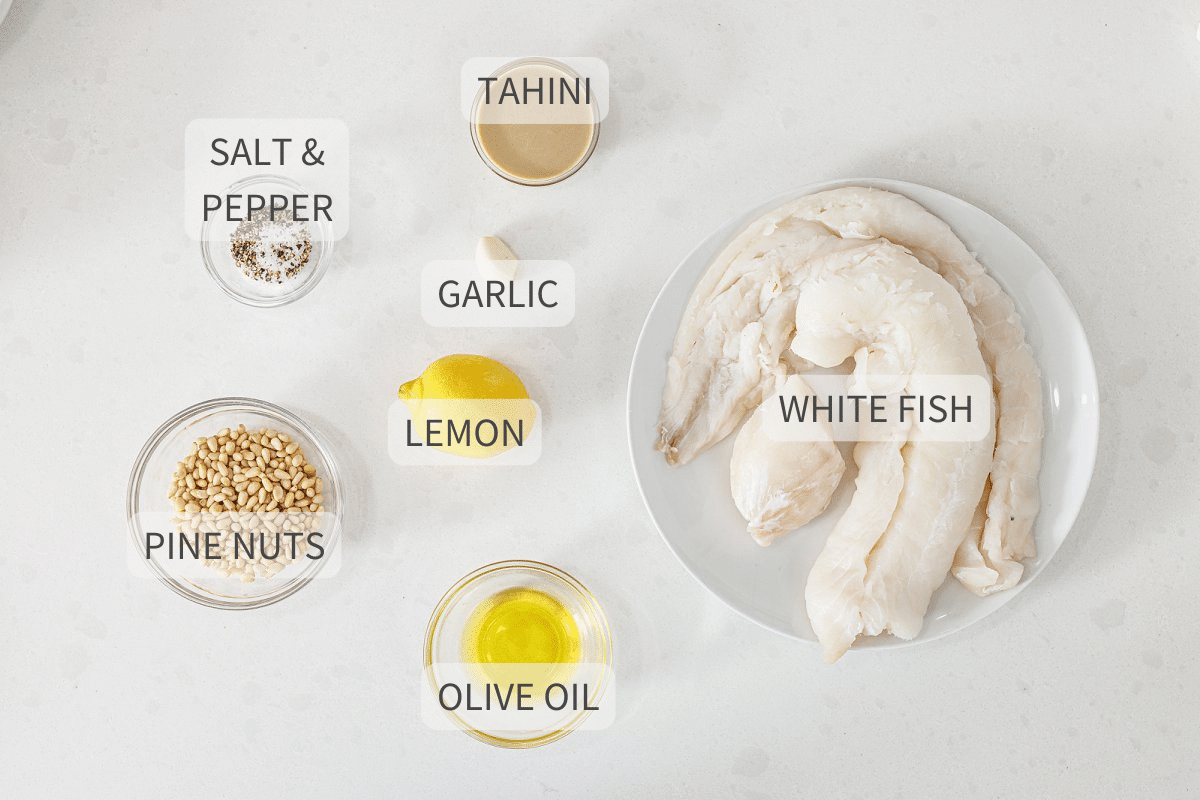 Labeled ingredients for grilled white fish with tahini lemon sauce