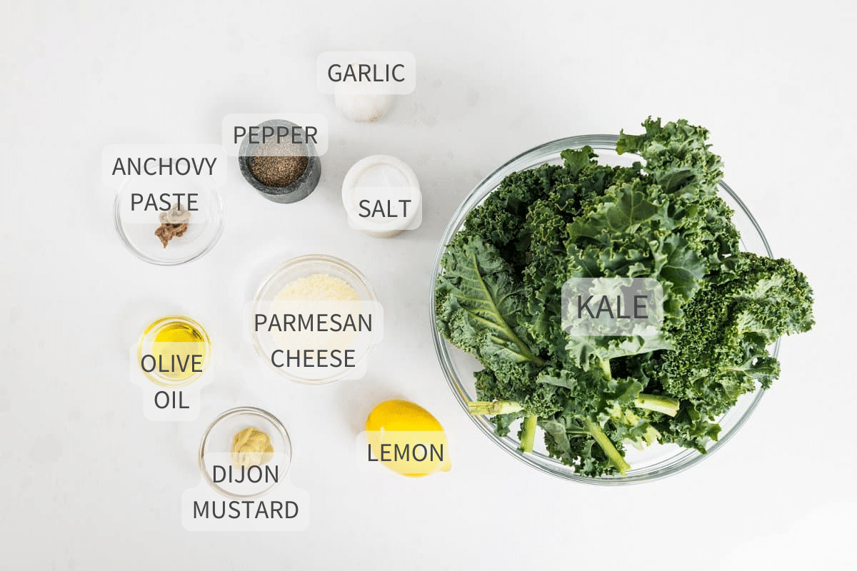 Labeled ingredients for kale caesar salad.