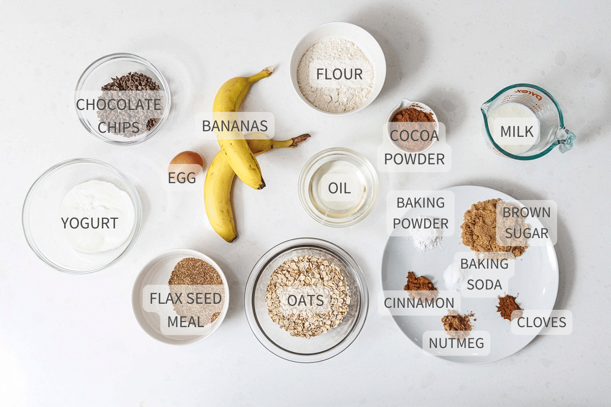 Labeled ingredients for chocolate banana oat muffins.