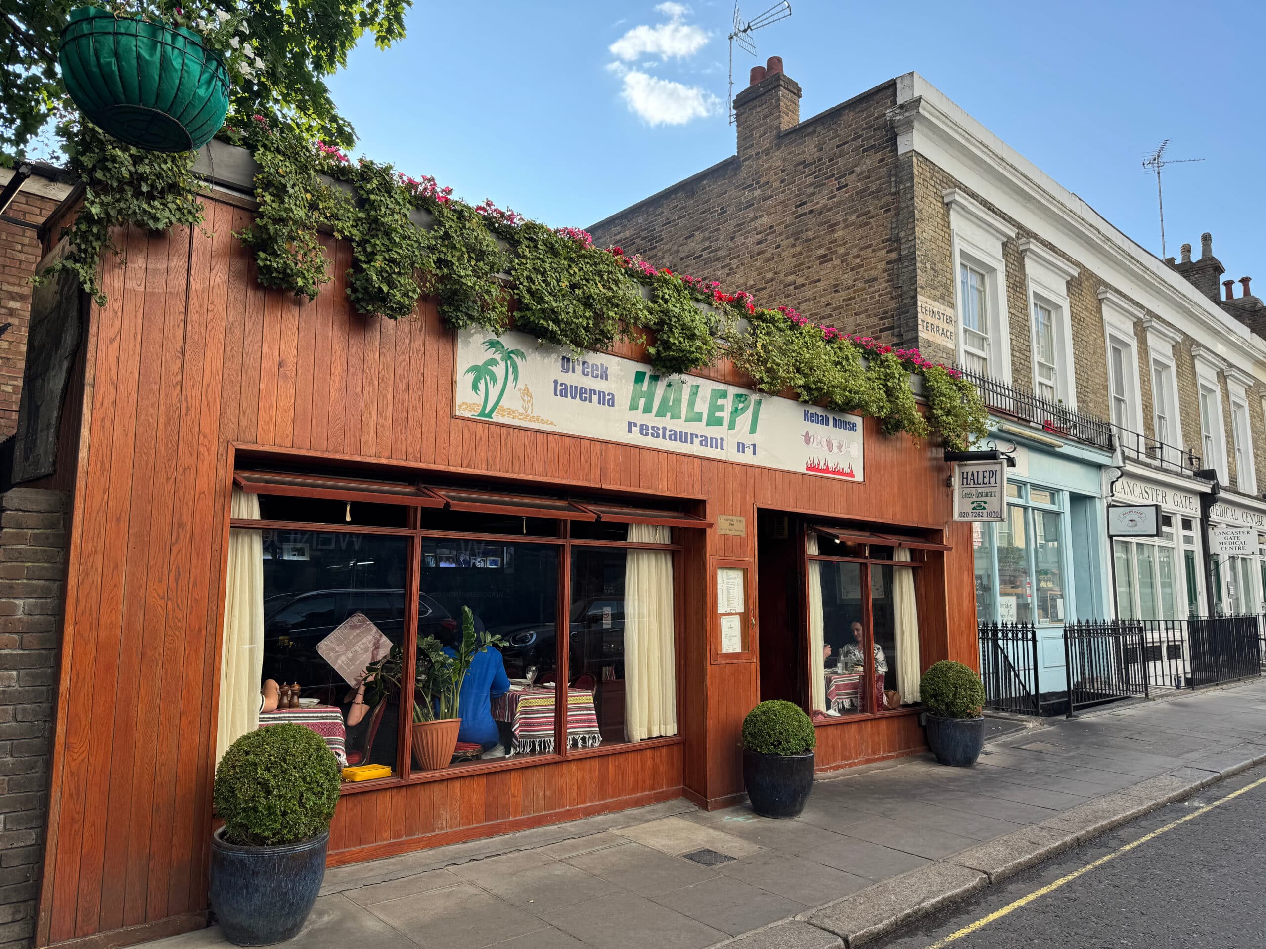 Storefront for Halepi Greek food in London.