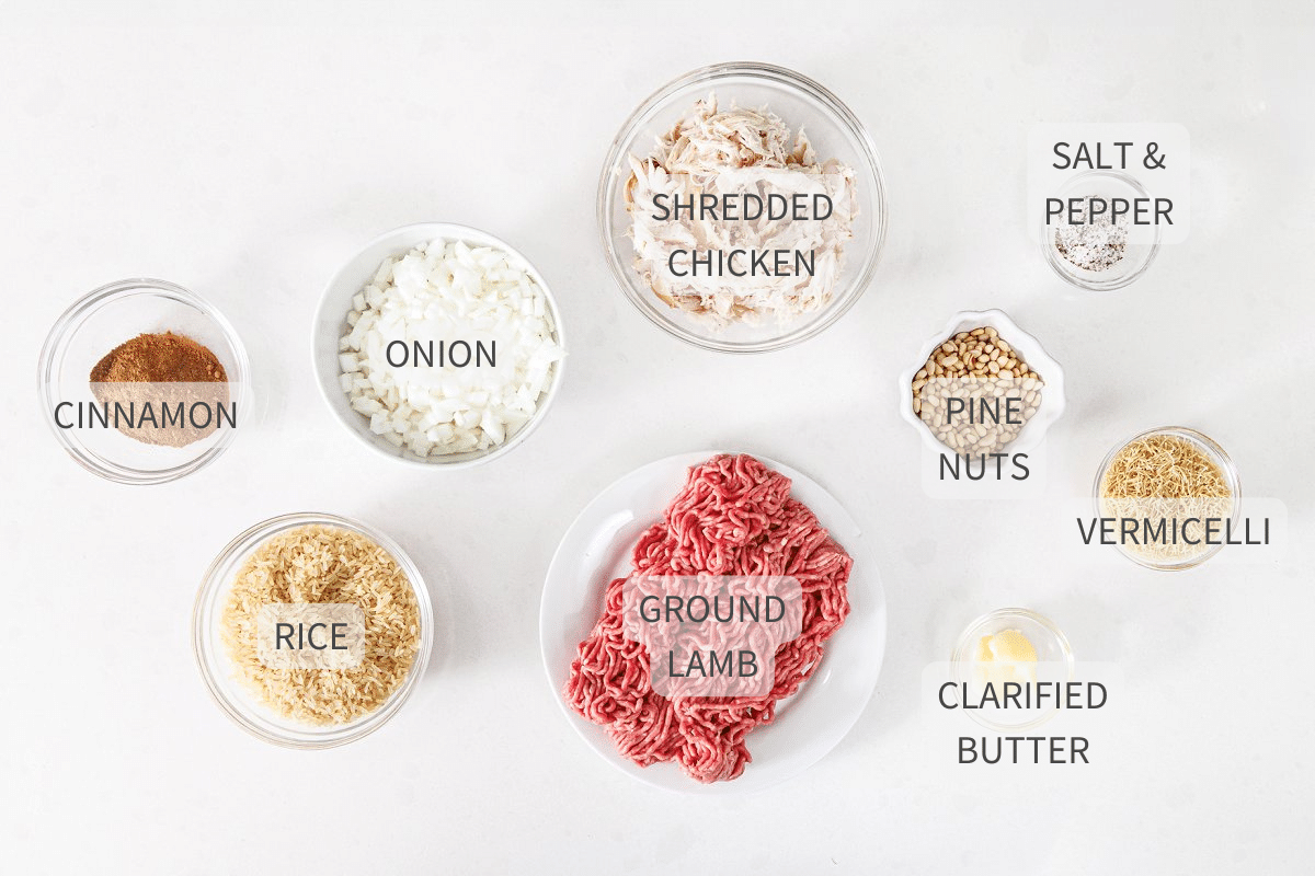 Lebanese hushwee rice with chicken labeled ingredients on a white background.