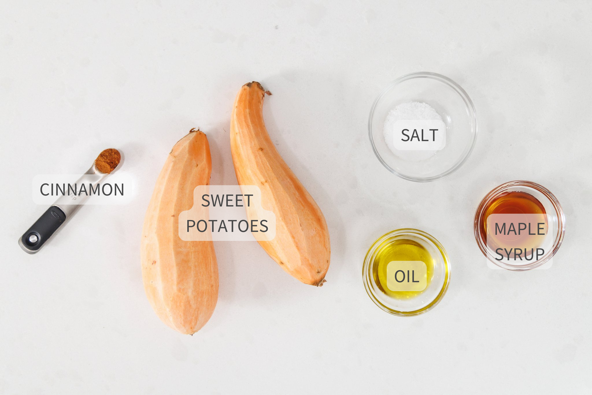 Labeled ingredients for salted maple roasted sweet potatoes.